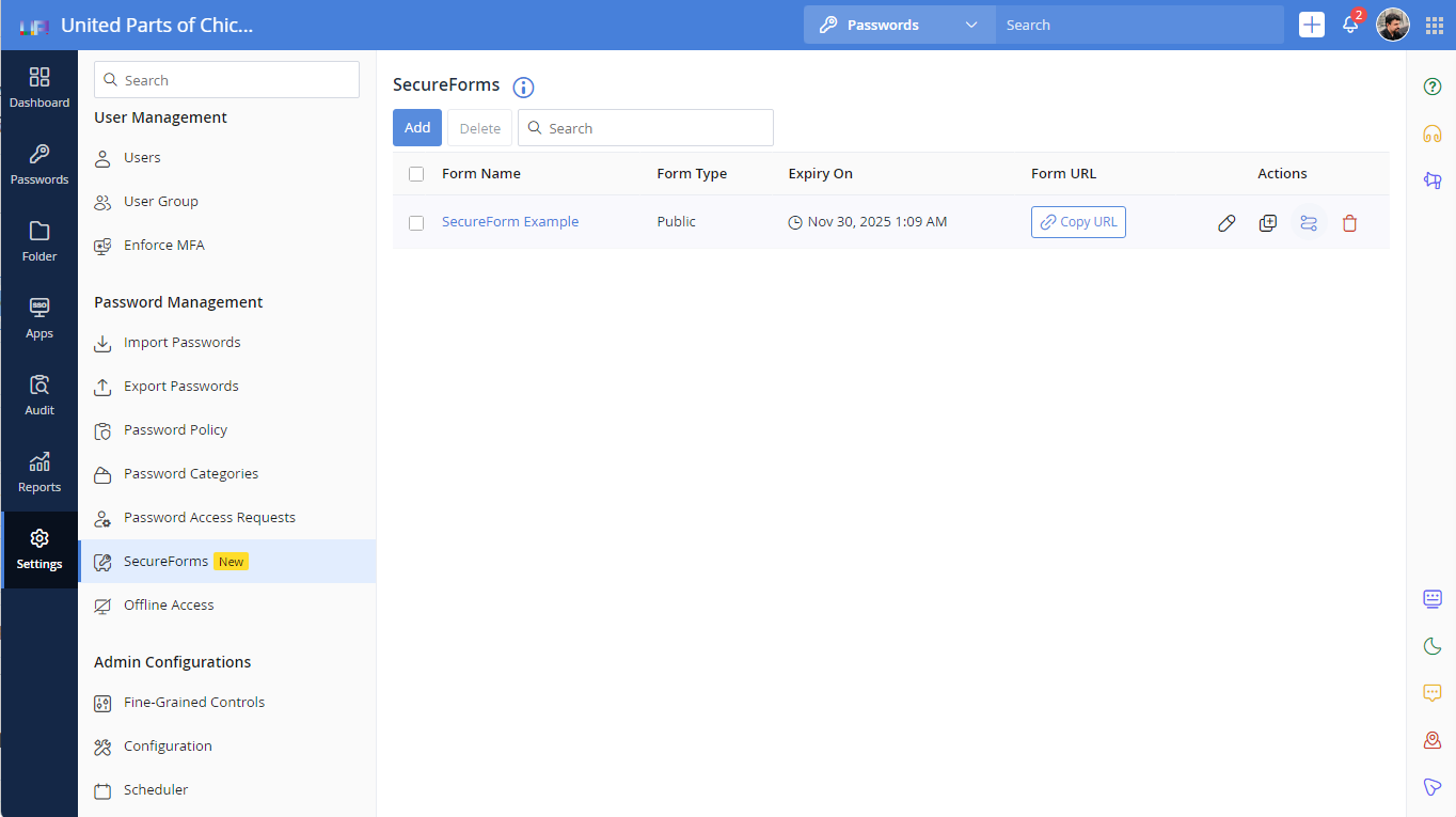 Zoho Vault SecureForms Settings